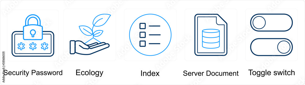 A set of 5 mix icons as security password, ecology, index A set of 5 mix icons as security password, ecology, index