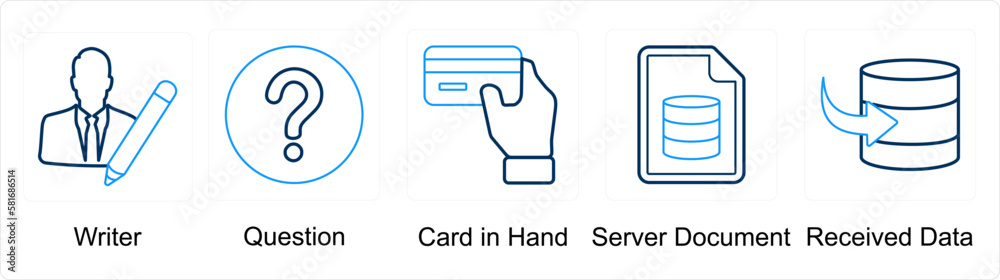 A set of 5 mix icons as writer, question, card in hand A set of 5 mix icons as writer, question, card in hand