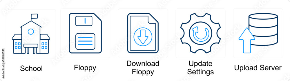 A set of 5 mix icons as school, floppy, download floppy, update settings A set of 5 mix icons as school, floppy, download floppy, update settings