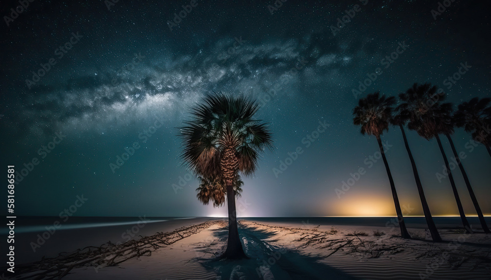 Starry night sky with tropical beach coast, sea sand shore with exotic ...