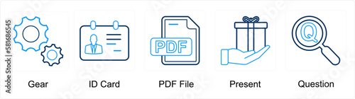 A set of 5 mix icons as gear, id card, pdf file