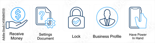 A set of 5 mix icons as receive money, settings documents, lock