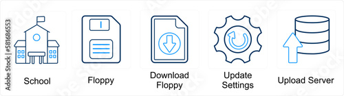 A set of 5 mix icons as school, floppy, download floppy, update settings