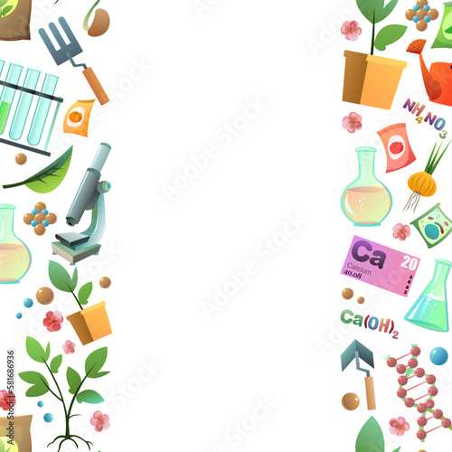 Chemistry and natural fertilizers seamless vertical frame. Introduction of mineral and organic top dressing to increase yield of vegetables and fruit trees. Isolated on white background. Vector.