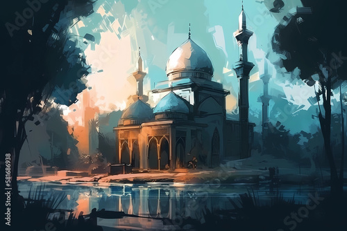 serene painting of a mosque during Ramadan. digital art illustration. generative AI.