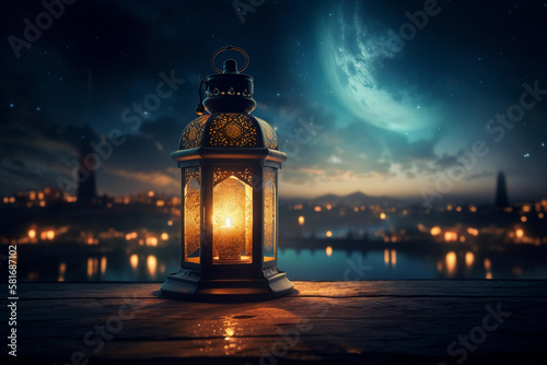 A magical lantern in Ramadan night sky. digital art illustration. generative AI.