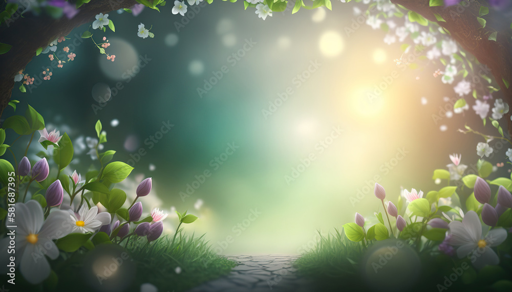 Beautiful enchanted landscape. Fantasy garden background. Magic meadow with spring flowers. Fairy tale banner. AI generative image.