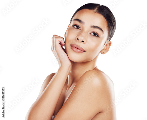 Beauty, dermatology and portrait of woman satisfied with glowing cosmetic routine while isolated on a png background. Skincare and face of hispanic female resting for facial health and wellness