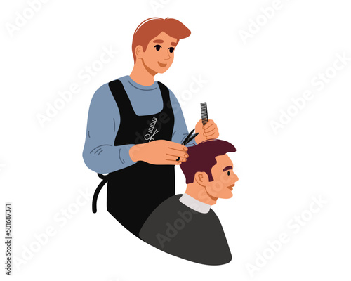 Male hairdresser makes a stylish haircut. Flat vector illustration