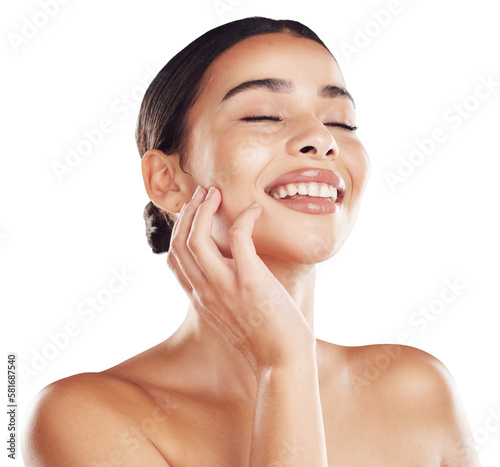 Fotografie Self love, skincare and smile of satisfied woman with beauty for dermatology and cosmetology isolated on a png background
