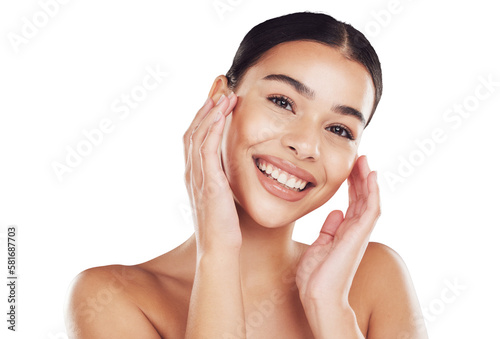 Isolated png background, skincare and happy woman with self love for healthy dermatology and cosmetic treatments. Portrait, smile and latino female touching her soft, smooth skin with care