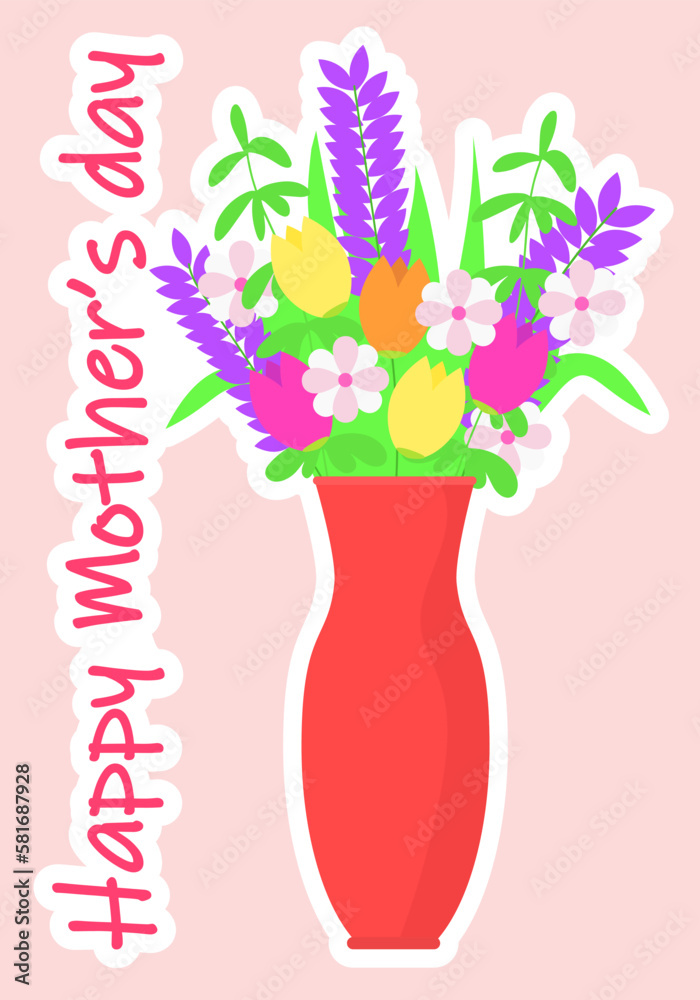 A bouquet of flowers is in a red vase with the words happy mothers's. A bouquet of flowers is in a red vase with the words happy mothers's.