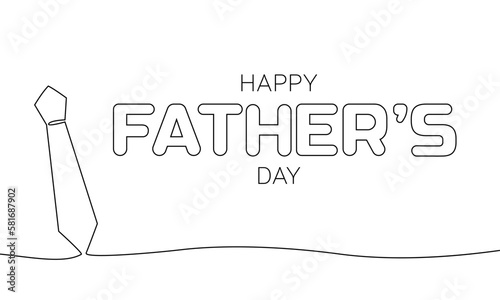 Black and white poster with the words happy father's day. Line art outline one continuous line tie banner. Vector illustration