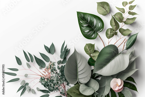 Romantic plant composition of branches and flowers in green and red tones on a white background. Small space for copy, created with Generative AI technology