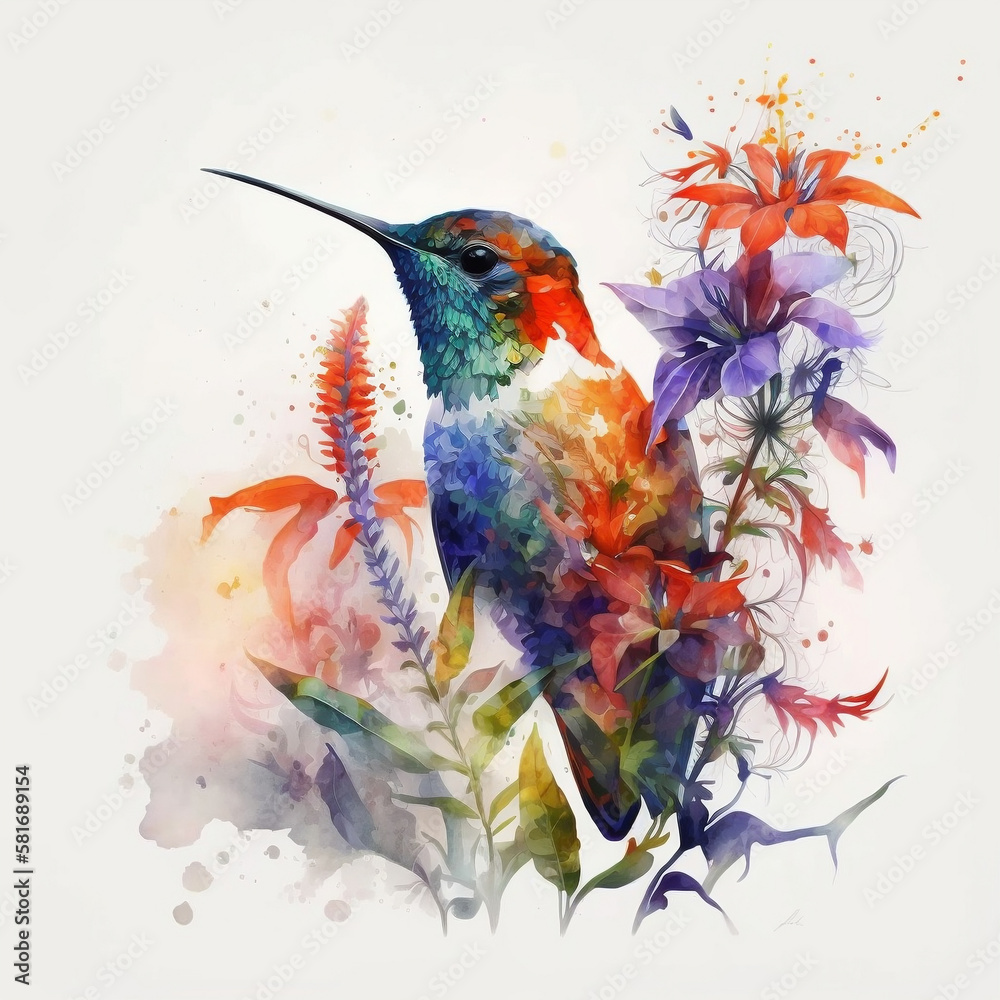 Humming bird Watercolour portrait, Animal illustration
