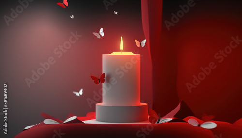 Romantic photo composition with burning candle, flying butterflies, petals and a red background with soft light