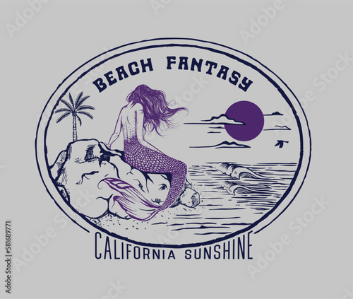mermaid in beach vector illustration, retro vintage summer print design, mermaid sitting on beach vector line artwork, summer print design for women