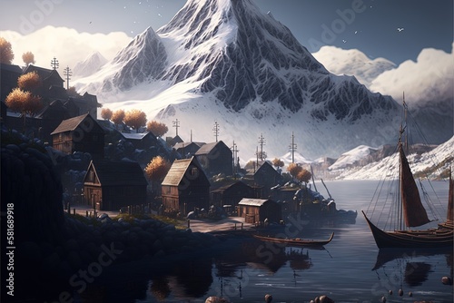 A stunning snowy coastal village that is fortfied with a wooden pallisade, leafless trees, docks, ship tied off. photo