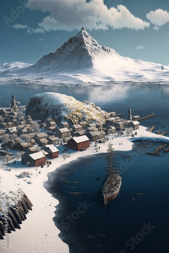 A stunning snowy coastal village that is fortfied with a wooden pallisade, leafless trees, docks, ship tied off. photo