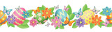 Easter horizontal seamless pattern with flowers, painted eggs and butterflies. The design is great for postcards, banners, textiles, wallpapers. 
