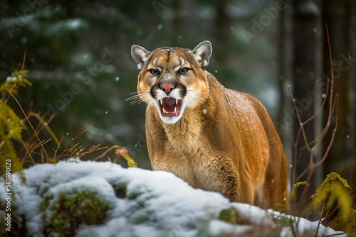 Puma cougar angry Snarling. Dangerous predator in natural habitat. Wildlife scene. Digital ai art	
