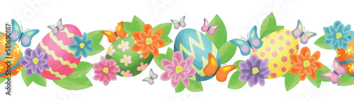Easter horizontal seamless pattern with flowers, painted eggs and butterflies. The design is great for postcards, banners, textiles, wallpapers. 