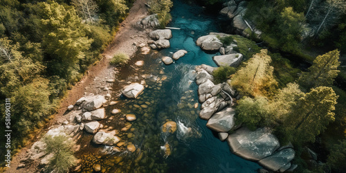 Aerial view of a river and rocks around. digital ai art 