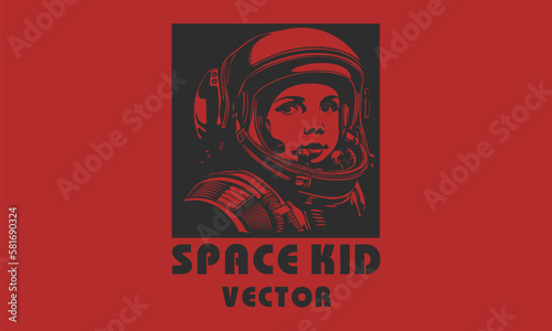 Vector black and red square logo. Space kid in a spacesuit. Sticker, icon or emblem on isolated background. Astronaut child.