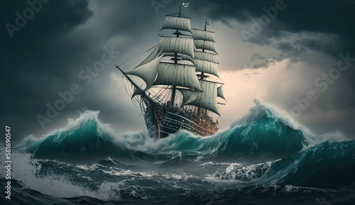 Stunning Matte Painting of Ship Battling a Storm in the Middle of the Ocean