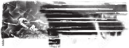 Glitch distorted geometric shape . Noise destroyed logo . Trendy defect error shapes . Glitched frame .Grunge textured . Distressed effect .Vector shapes with a halftone dots screen print texture.