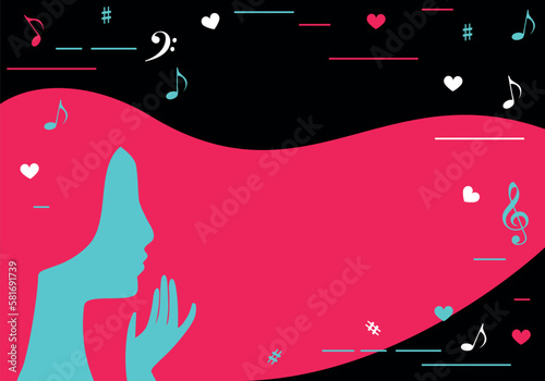 Girl and TikTok background. Party design with hearts, musical notes. TikTok party. Woman and Pink Blue design. Beautiful Young woman influencer