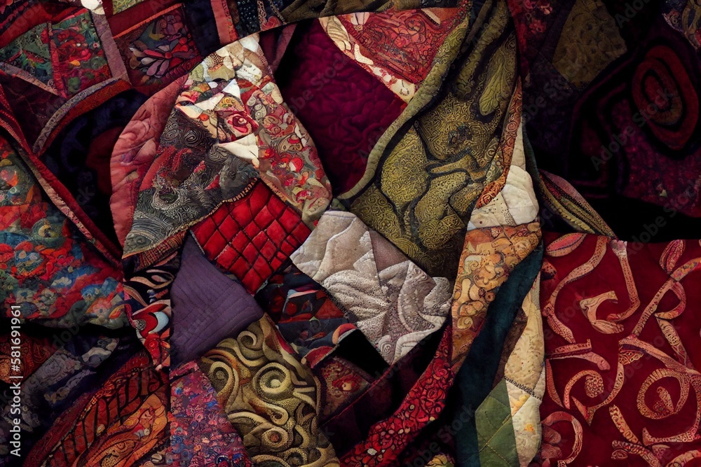 A patchwork quilt with intricate patterns of interwoven fabric. Generative AI