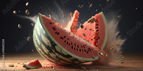 A ripe watermelon falls to the floor and smashes to pieces, with Generative AI technology