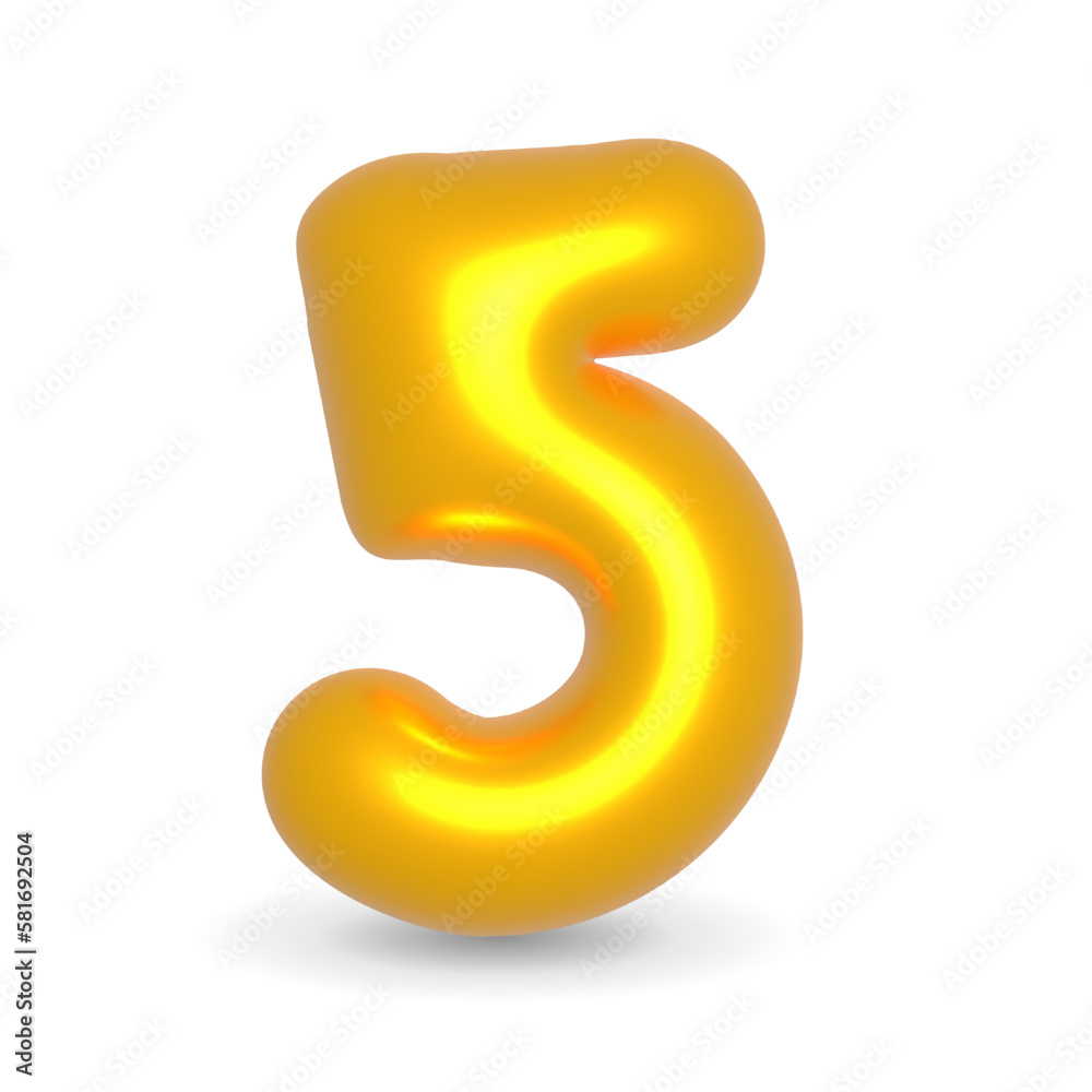 Number Five 5. Golden Balloon 3d rendered. Realistic design element for events. Happy Birthday, Anniversary Party and events. 3d Render illustration isolated on white background with alpha channel. Number Five 5. Golden Balloon 3d rendered. Realistic design element for events. Happy Birthday, Anniversary Party and events. 3d Render illustration isolated on white background with alpha channel.