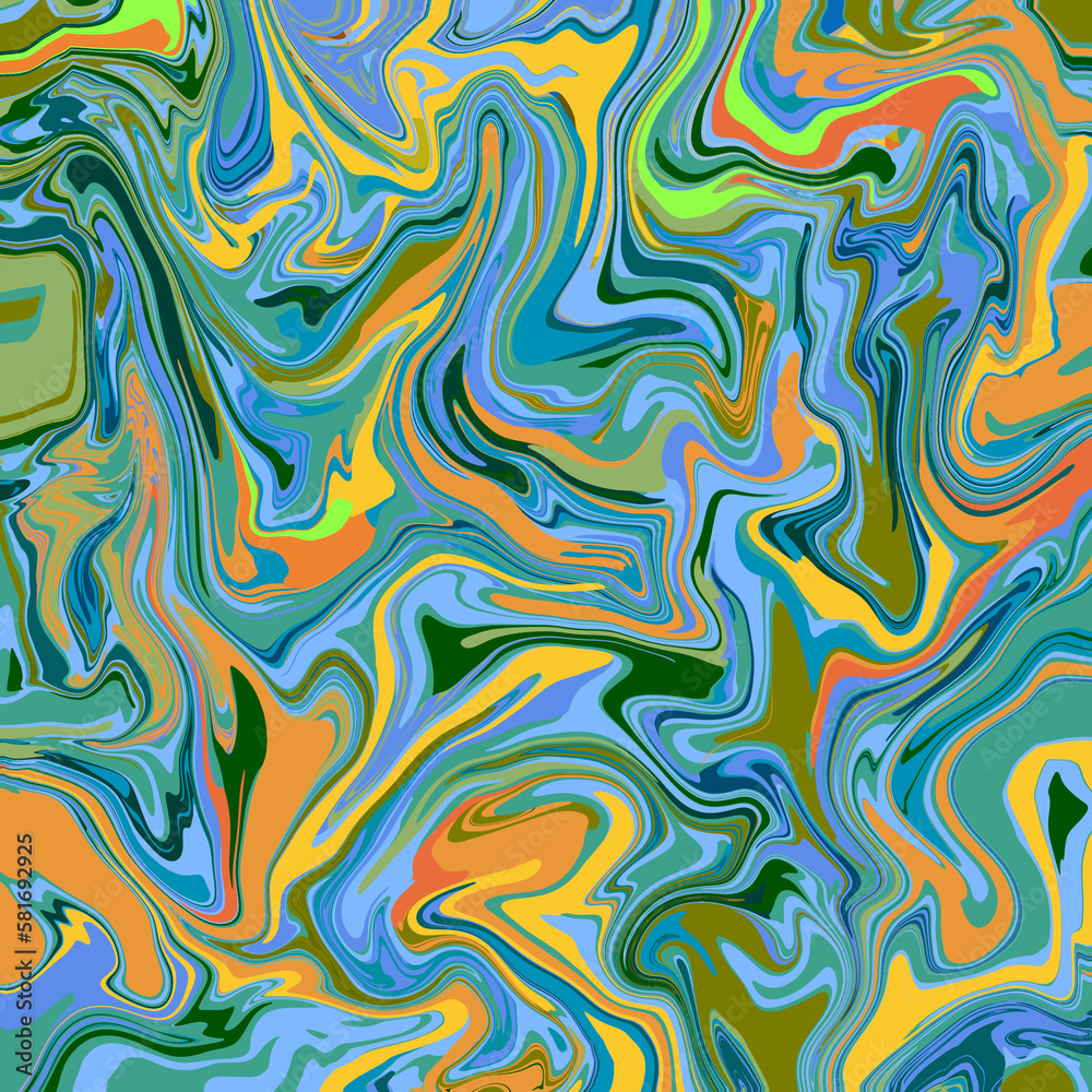 Abstract geometric swirl marbled pattern with wavy curved stripes in bright blue, green, yellow and orange