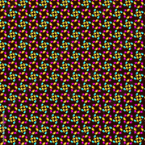 Abstract geometric pattern of vibrant blue, yellow, orange and pink magenta mosaic motifs on a black background