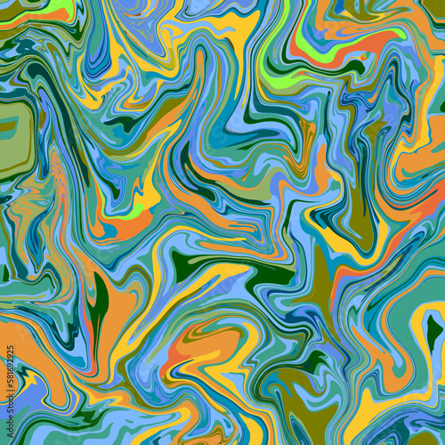 Abstract geometric swirl marbled pattern with wavy curved stripes in bright blue, green, yellow and orange
