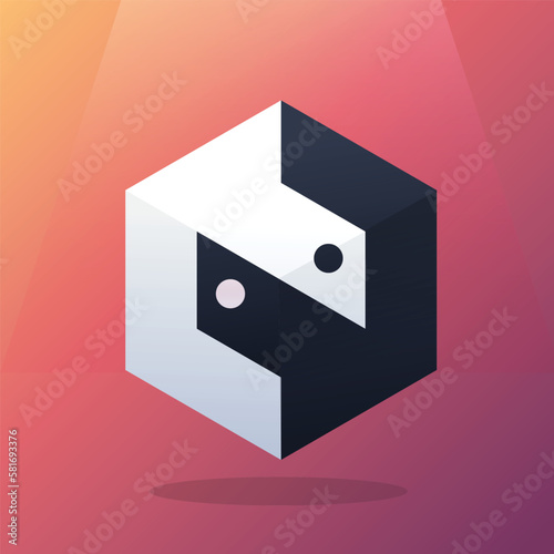 symbolic yin yang in a unique 3d hexagonal shape that gives illusion of a square cube. can be used as a logo or symbol or button on anywhere showing balance and connection.