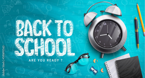 Back to school vector background. Back to school text in space with alarm clock, notebook and glasses supplies. Vector illustration back to school educational background.
