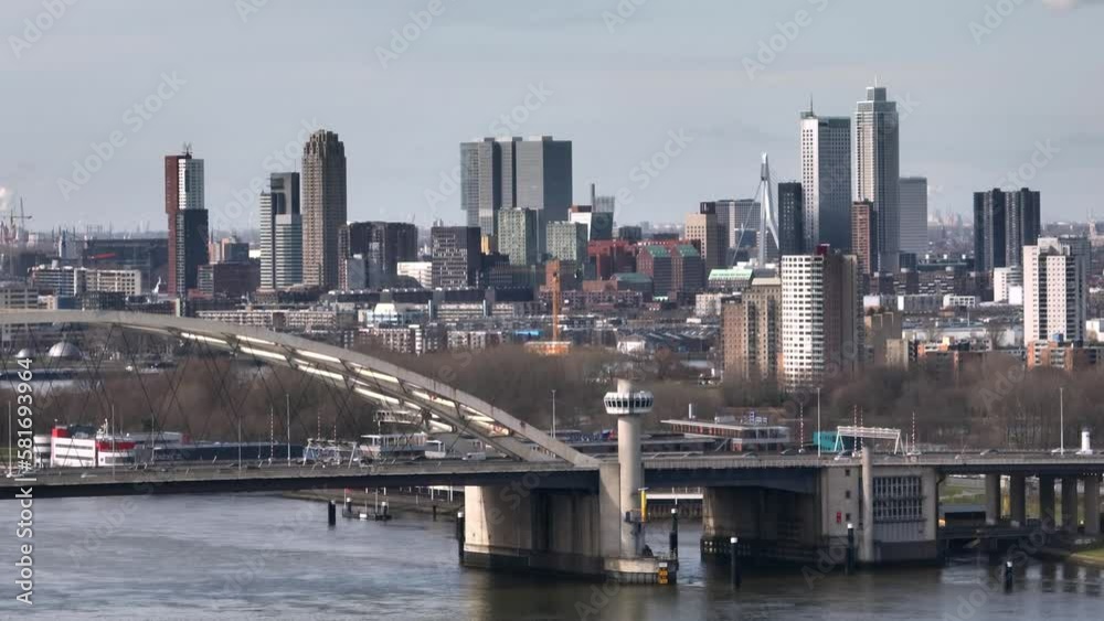 Skyline of Rotterdam With the Van Brienenoord Bridge in the Foreground, Aerial Establishing Shot Skyline of Rotterdam With the Van Brienenoord Bridge in the Foreground, Aerial Establishing Shot