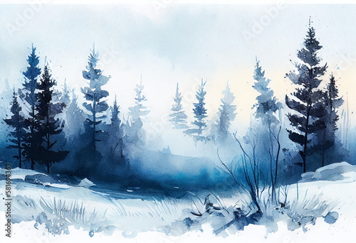 blue landscape of foggy forest  spring hill. Wild nature  frozen  misty  taiga. watercolor background. generative ai