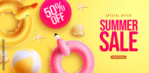 Summer sale vector design. Summer sale text with special offer 50% holiday promo discount. Vector illustration summer sale banner. 
