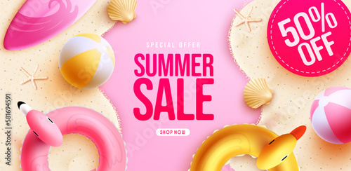Summer sale vector banner design. Summer sale with 50% text special offer advertisement discount. Vector illustration summer sale promotion. 
