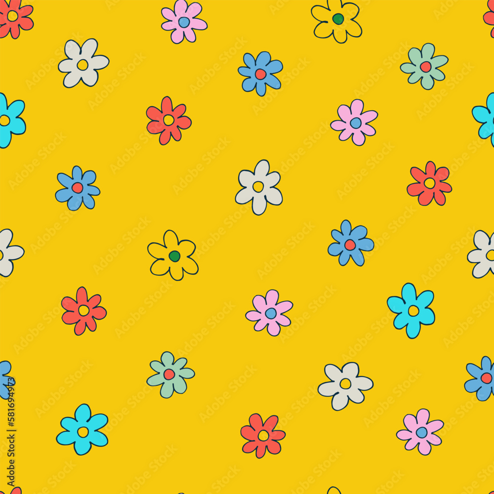 Seamless pattern with small colorful flowers in retro style. Retro 60s, 70s design for gift wrap, textile, home decor