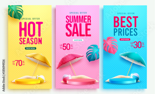 Summer sale vector poster set. Summer sale text product presentation with special offer discount. Vector illustration summer poster promo.
