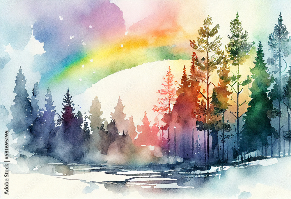 rainbow landscape of foggy forest, spring hill. Wild nature, frozen, misty, taiga. watercolor background. generative ai. 