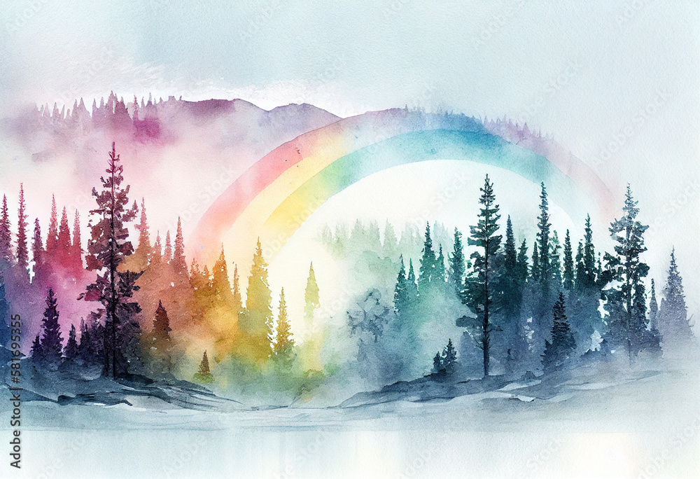 rainbow landscape of foggy forest, spring hill. Wild nature, frozen, misty, taiga. watercolor background. generative ai. 