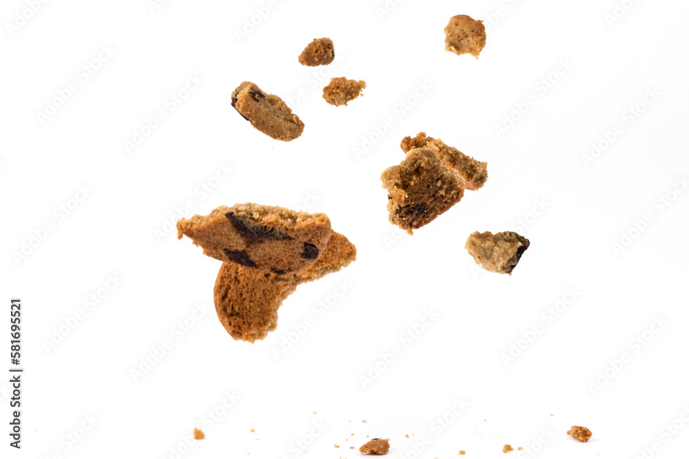 Chocolate chip cookies and crumbs isolated on white background.Top view Chocolate chip cookies and crumbs isolated on white background.Top view