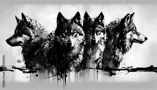 Majestic Wolf Pack, Art, Painting, Drawing, Perfect for Captivating Design Projects and Creative Inspirations, Generative AI, Illustration