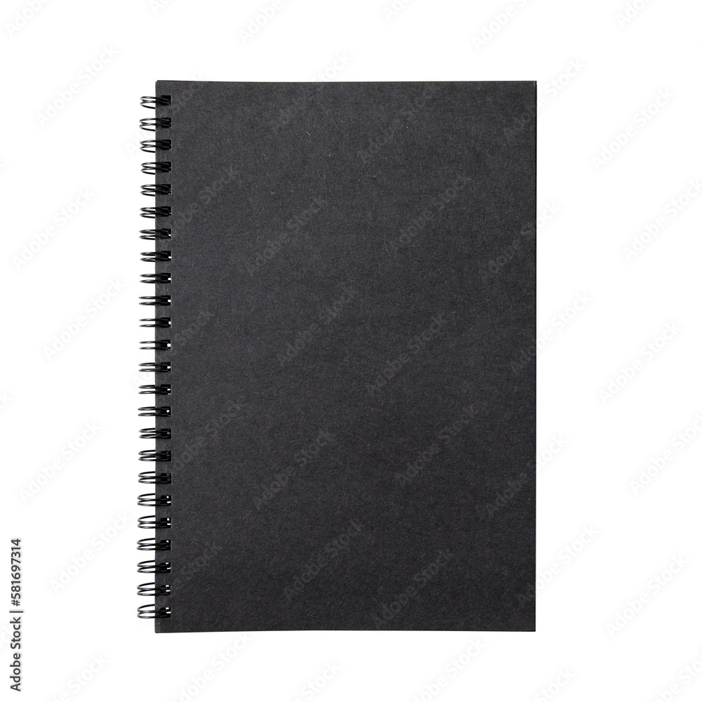 Top view of closed blank notebook black craft paper cover isolated on transparent background Top view of closed blank notebook black craft paper cover isolated on transparent background